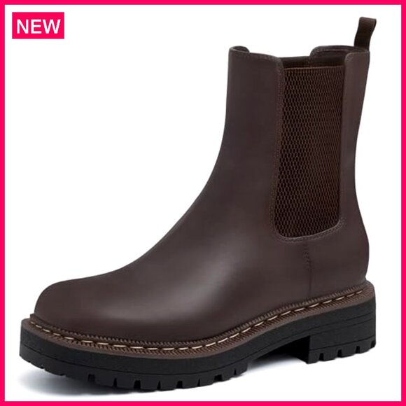 Leather Chelsea Ankle Boots Platform Slip On Chunky Heel Lug Sole - Picture 2 of 8